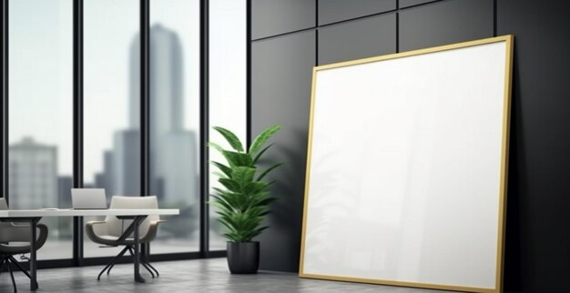 A large frame sits in an office with a window and a plant in the background.