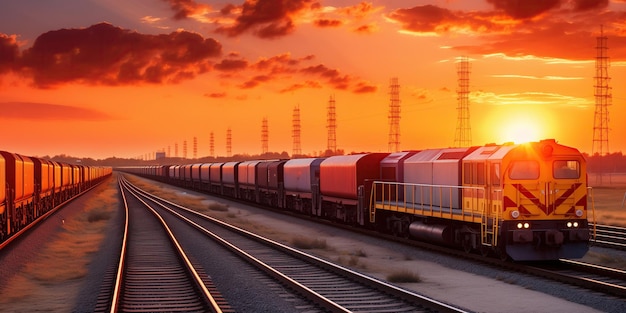 A large freight train carries containers at sunset