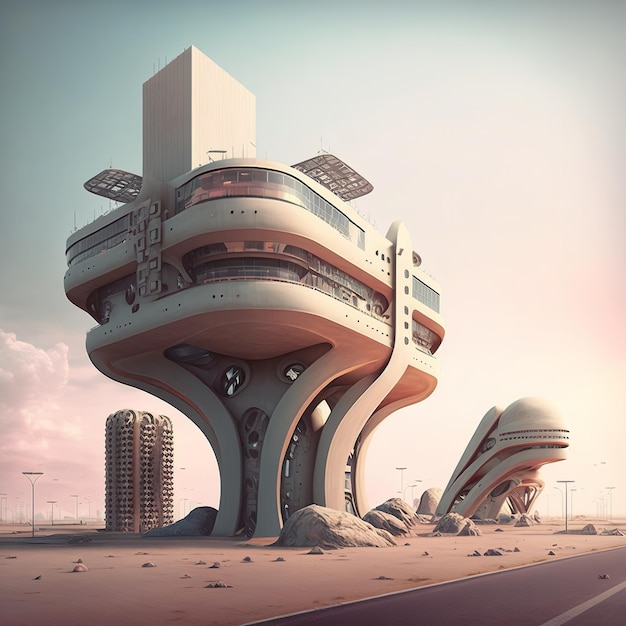 A large futuristic building in a sand dune