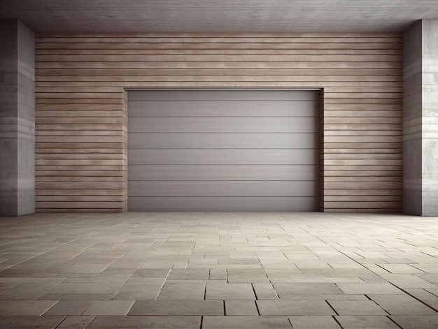 a large garage door laying next to a brick driveway in the style of subtle tonality