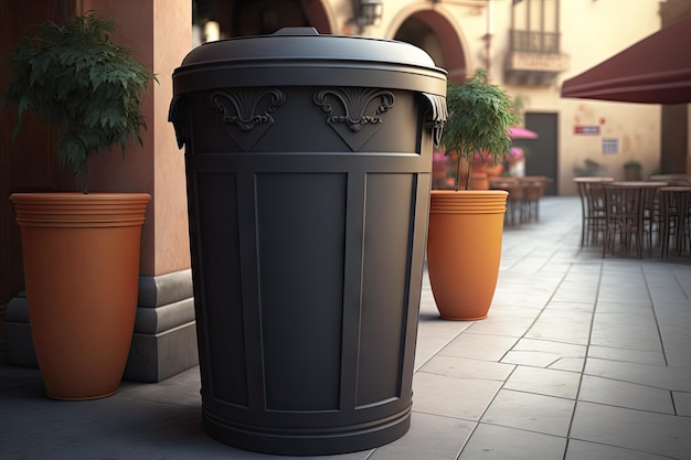 Large garbage can behind restaurant on light background