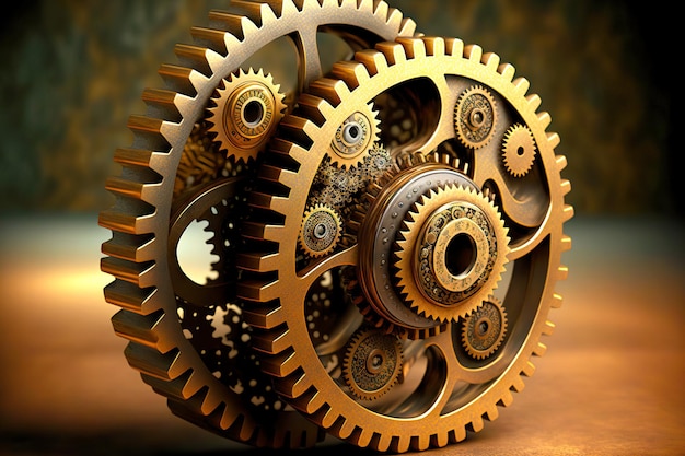 Большие шестерни и детали в разобранном часовом механизме старинных механических часов