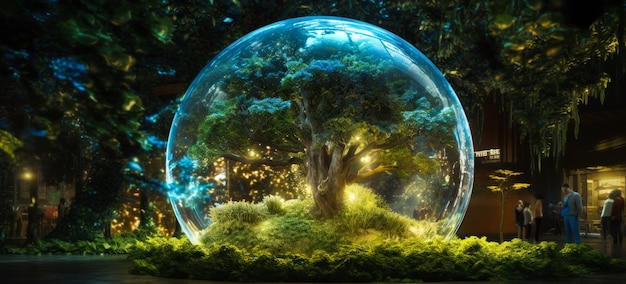 A large glass ball with a tree inside of it