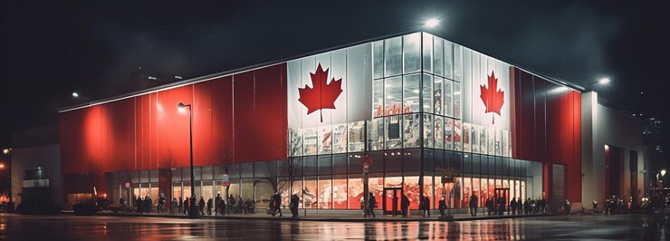 The large glass building is emblazoned with the flag of Canada the symbolism of the country generative AI