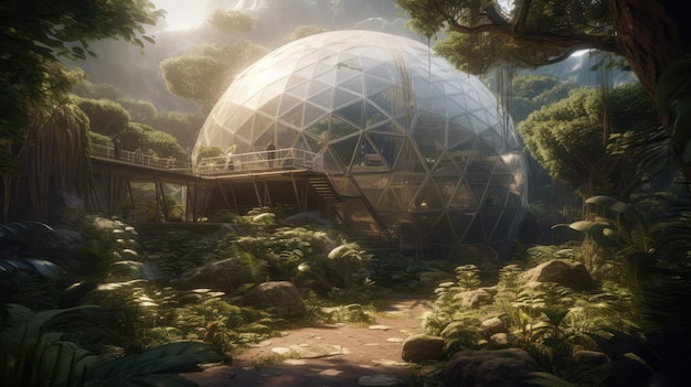 A large glass dome sits in the jungle.