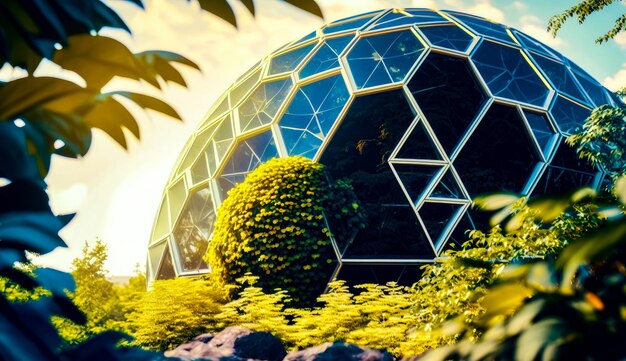 Large glass dome sitting in the middle of lush green field next to forest Generative AI