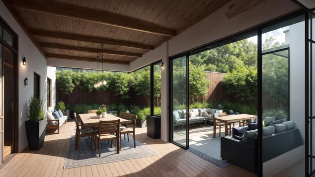 Большая стеклянная дверь ведет во внутренний дворик с деревянным полом и деревянным полом.