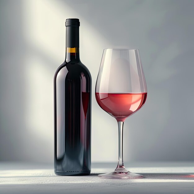 a large glass of pink wine and a dark bottle of wine next to it realism advertising