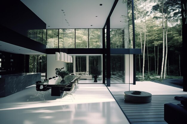 A large glass wall of a house with a black table and chairs in front of it.