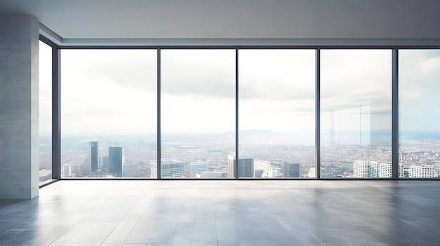 A large glass wall in a modern apartment with a cityscape in the background.