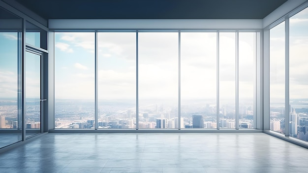 A large glass wall in a modern office with a cityscape in the background.