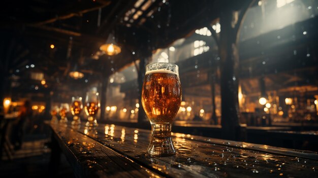 A large glass with a beer, a large glass of beer and a large metal conveyor in the dark interior