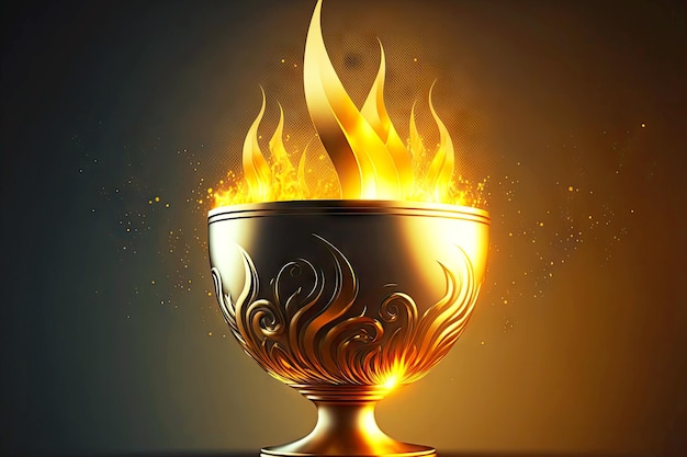 Large glossy golden cup with flames on blurred background