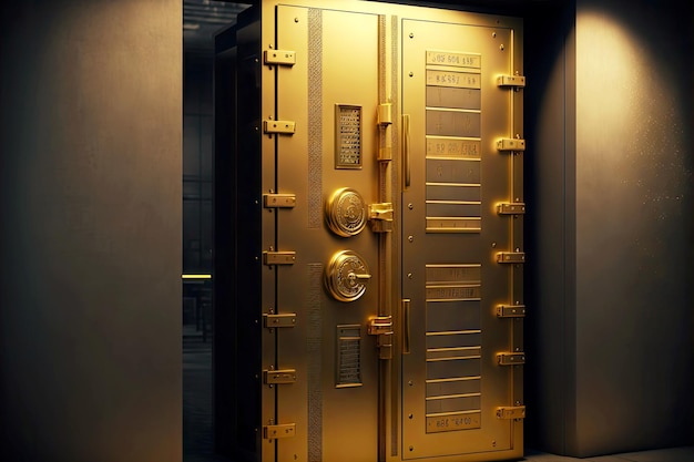 Large gold bars in safe deposit security system in bank vault door