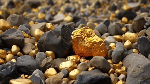 A large gold nuggets found among may stones AI generative
