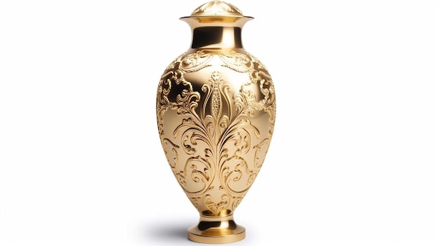 a large gold vase with a design on the top.