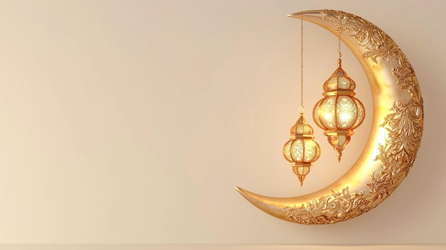 Large golden crescent moon decorated with hanging lanterns celebration ramadan