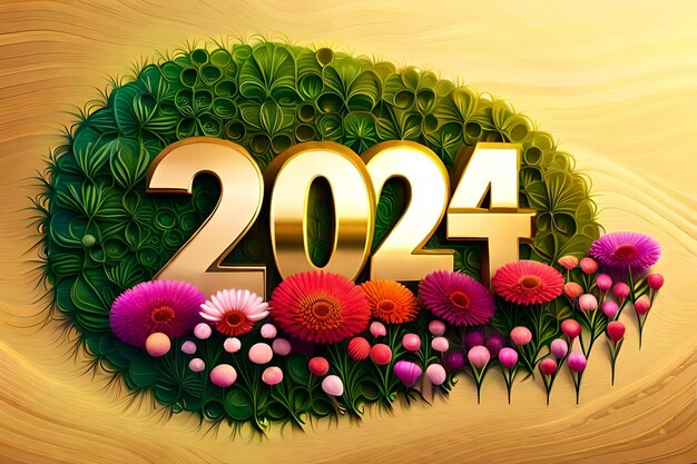 Большой золотой номер 2024 на цветочном фоне Новый 2024 год.