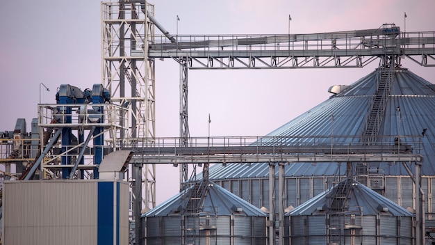 Large grain storage and drying complex on the background of the evening sky