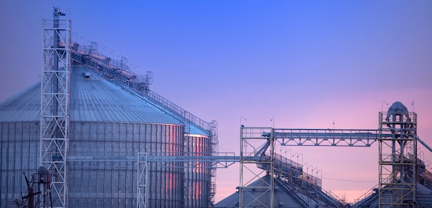 Large grain storage and drying complex on the background of the evening sky