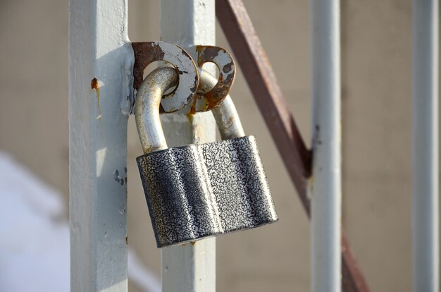 A large gray padlock hangs on a metal gate