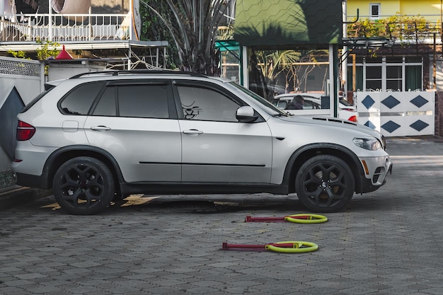 Large gray SUV in the parking lot