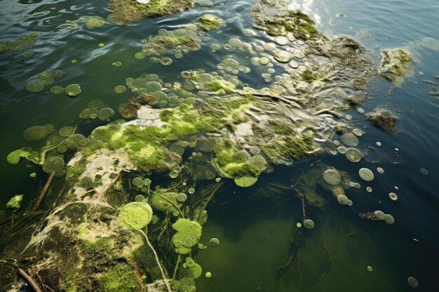 Photo large green algae bloom seen in body of water