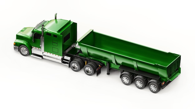 흰색 바탕에 벌크 화물을 운반하기 위한 트레일러 유형 덤프 트럭이 있는 대형 녹색 미국 트럭. 3d 그림입니다.