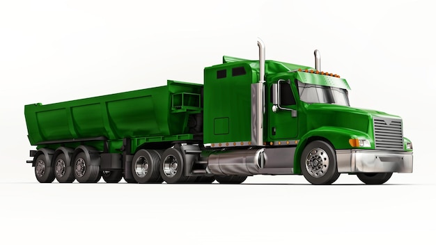 Large green American truck with a trailer type dump truck for transporting bulk cargo on a white background. 3d illustration.