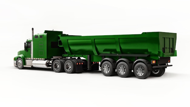 Large green American truck with a trailer type dump truck for transporting bulk cargo on a white background. 3d illustration.