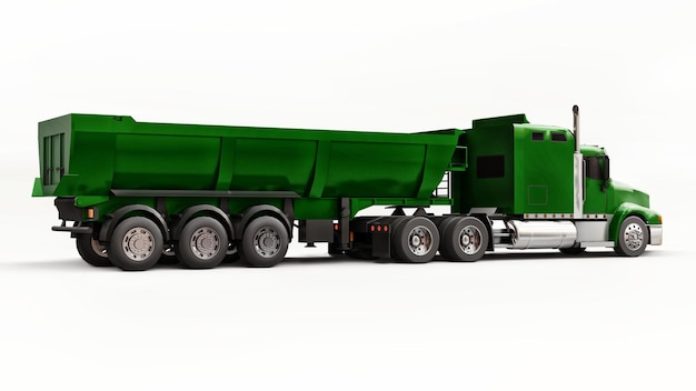 Large green American truck with a trailer type dump truck for transporting bulk cargo on a white background. 3d illustration.