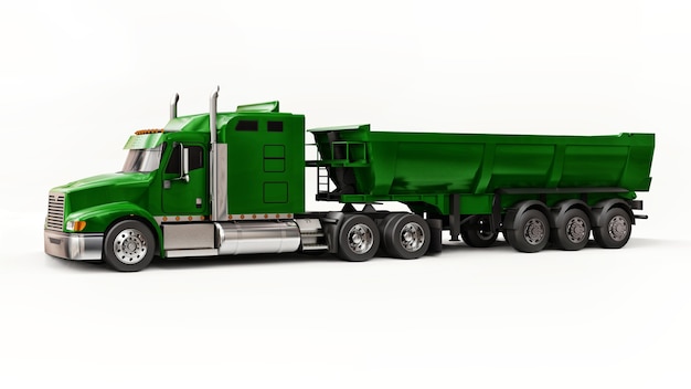 Large green American truck with a trailer type dump truck for transporting bulk cargo on a white background. 3d illustration.
