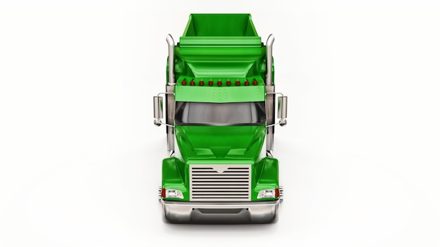 흰색 바탕에 벌크 화물을 운반하기 위한 트레일러 유형 덤프 트럭이 있는 대형 녹색 미국 트럭. 3d 그림입니다.