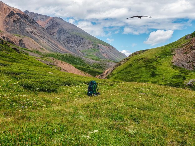 Large green backpack on the grass of an Alpine slope Hiking in the highlands Amazing bright mountain landscape of majestic nature The time of the stop on the hike