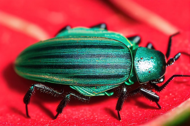 Large green beetles on flower in wild nature