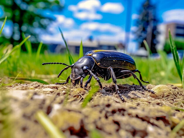 A large green bug is walking through tall grass