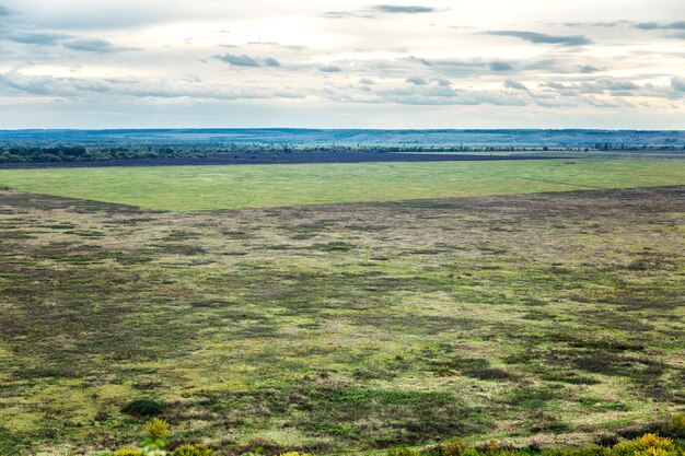 Large green field. Beautiful view from above. Endless space.