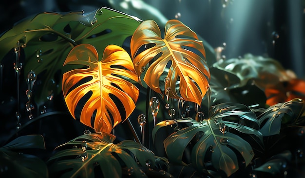 Large green and golden monstera leaves AI generated