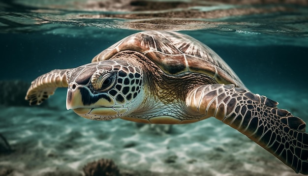 Large green hawksbill turtle swimming in reef generated by AI