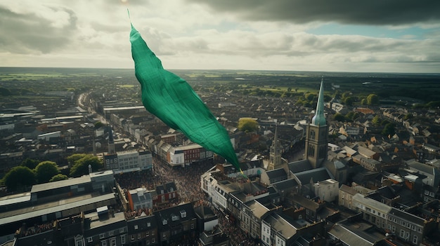 Large Green Kite Soaring Over City Skyline on a Sunny Day St Patricks Day