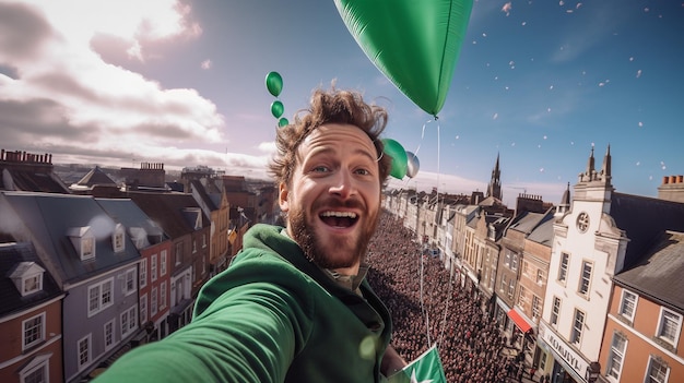 Large Green Kite Soaring Over City Skyline on a Sunny Day St Patricks Day