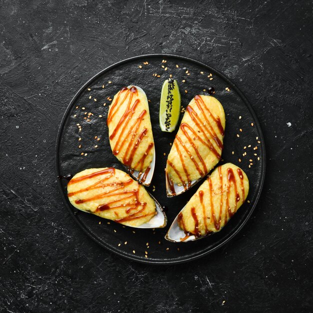 Large green mussels baked with cheese in garlic sauce on a black stone plate Top view