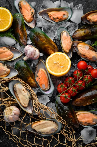 Large green mussels in shells on ice Seafood On a black stone background Top view Free space for text