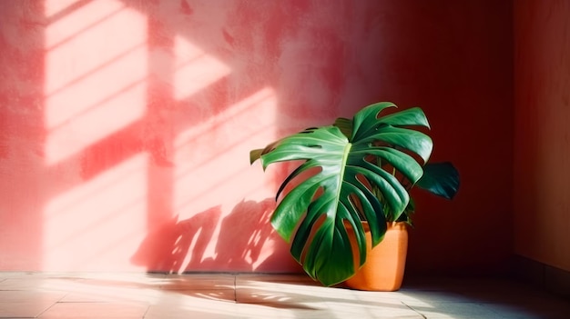 Large green plant sitting on top of wooden floor next to red wall Generative AI