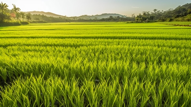 緑の稲が植えられた大きな緑の田んぼ