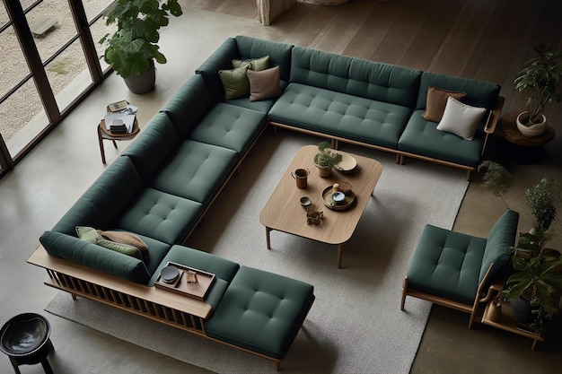 A large green sectional with a large square coffee table in the middle.