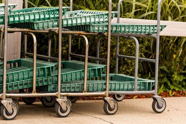 Large green shopping cart in a row.