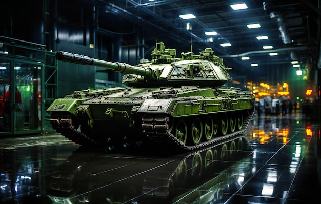 A large green tank in a dark room