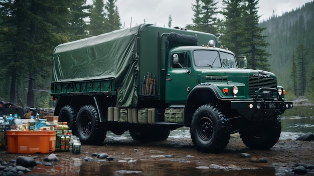 Large Green Truck Parked Next to Forest