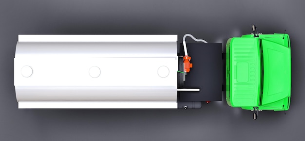 Grande autocisterna verde con rimorchio in metallo lucido. viste da tutti i lati. illustrazione 3d.